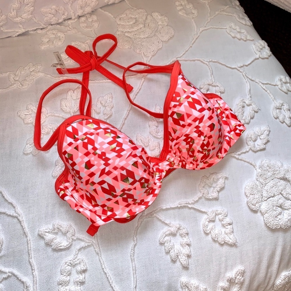 Aerie Swim NEW Orange Geometric Print Blakely Halter Bikini Top Size 34D